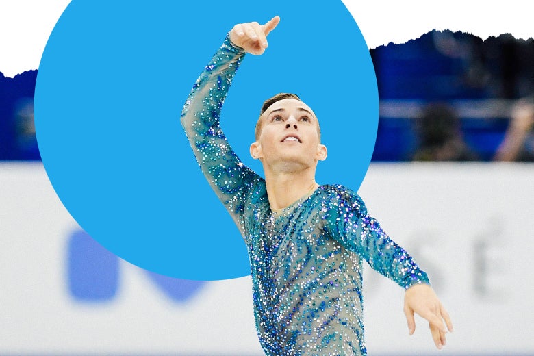 Adam Rippon skating in a sparkly turquoise top.