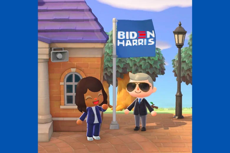 Avatars that look like Joe Biden and Kamala Harris by a Biden-Harris flag in Animal Crossing: New Horizons.