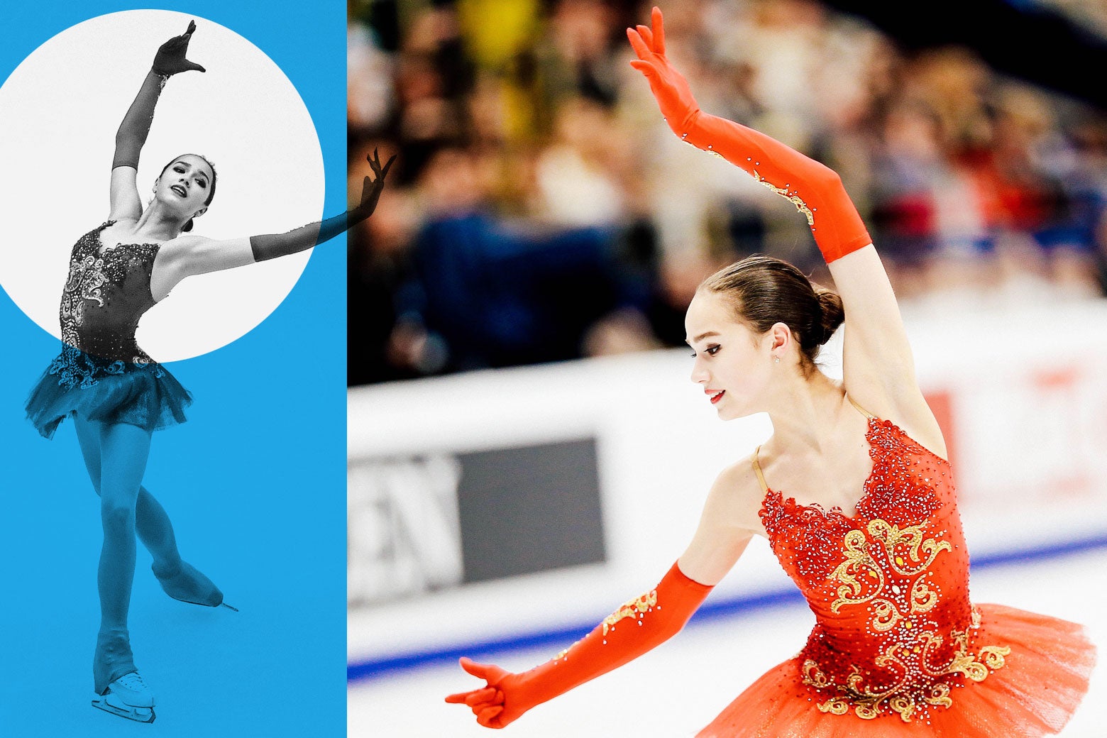 A collage of two images of Alina Zagitova skating (in her red tutu).