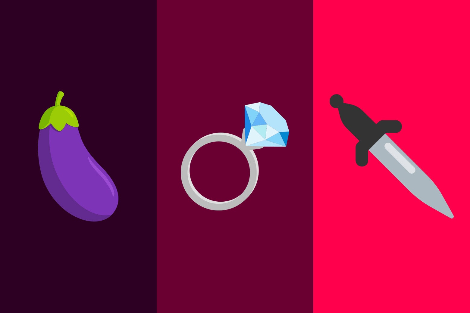 An eggplant emoji, a wedding ring, and a knife to play fuck, marry, kill. 