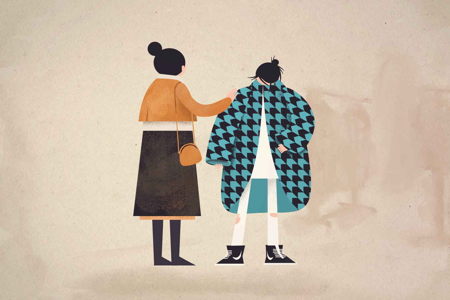 Illustration of a mother with a daughter wearing a new coat.