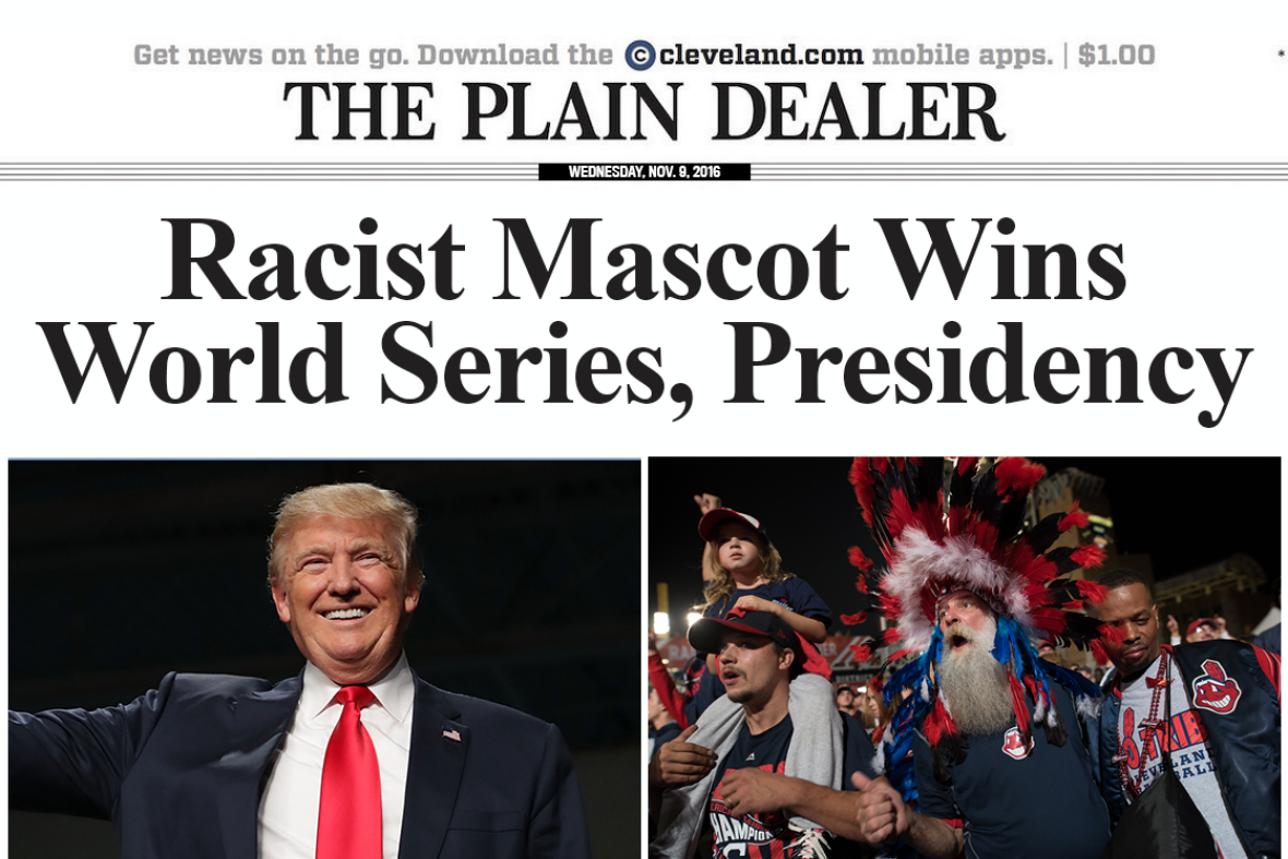 Left: Donald Trump smiling. Right: Cleveland fan in a large headdress of feathers and another in a jacket showing the Chief Wahoo logo.