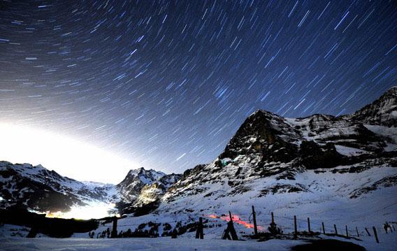 A long night exposure of one of Switzerland's most notable mountains, Eiger Peak, in the Bernese Alps.