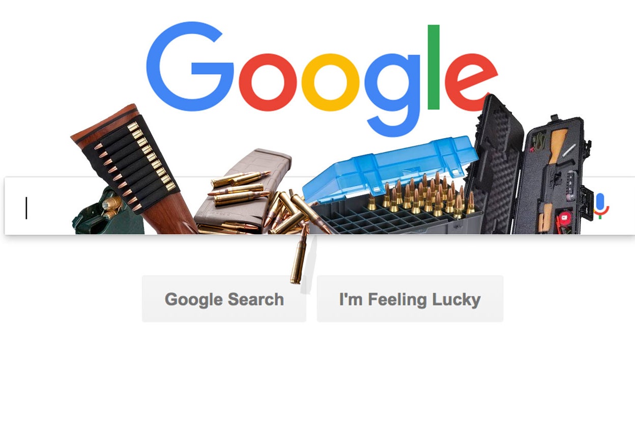Various gun accessories pictured on top of a Google search box.