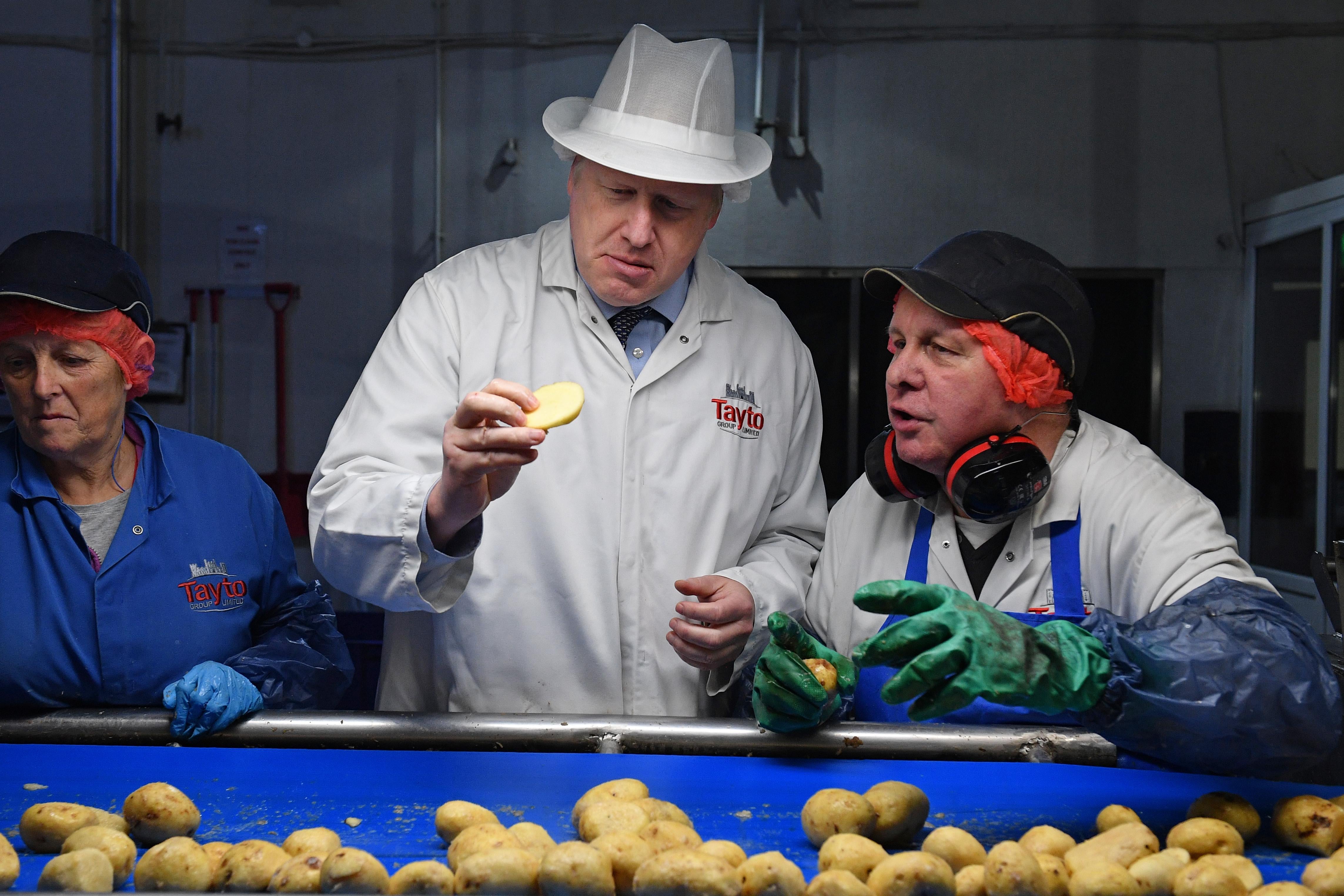 Boris Johnson inspects a potato while he and two workers stand in front of a conveyor belt of potatoes. 