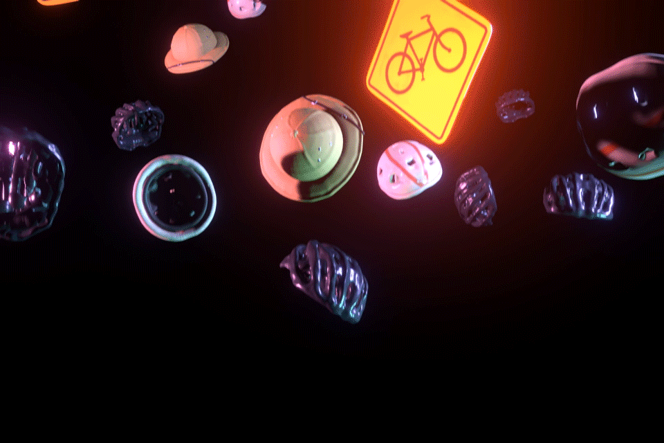 Bike helmets and street signs fall down chaotically in front of a black background.