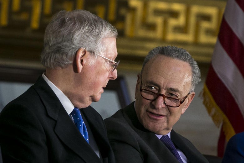 Senate Majority Leader Mitch McConnell and Senate Minority Leader Chuck Schumer talk at the U.S. Capitol on Wednesday.