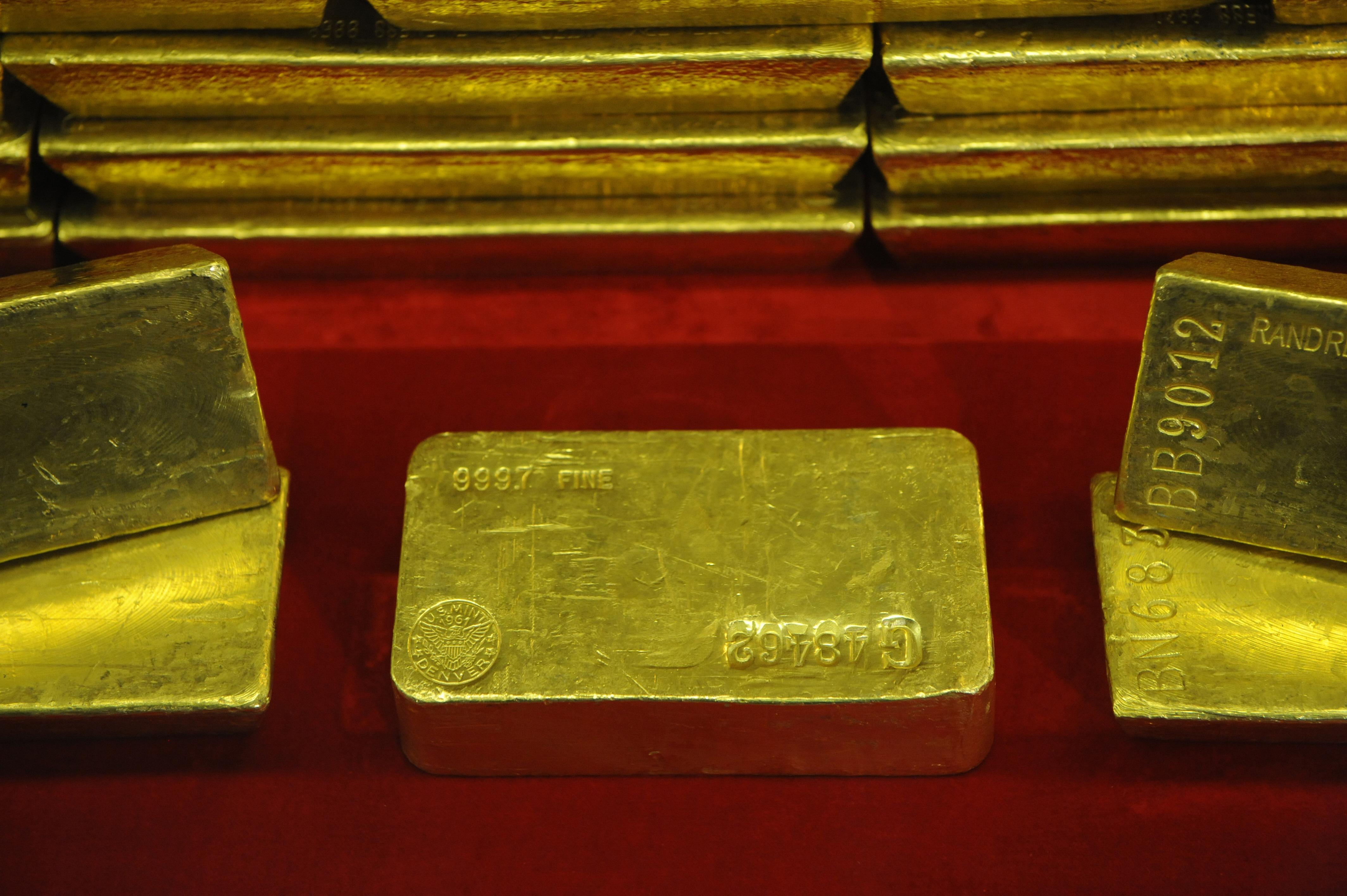 Gold bars are seen at the Czech Central Bank on September 05, 2011 in Prague.