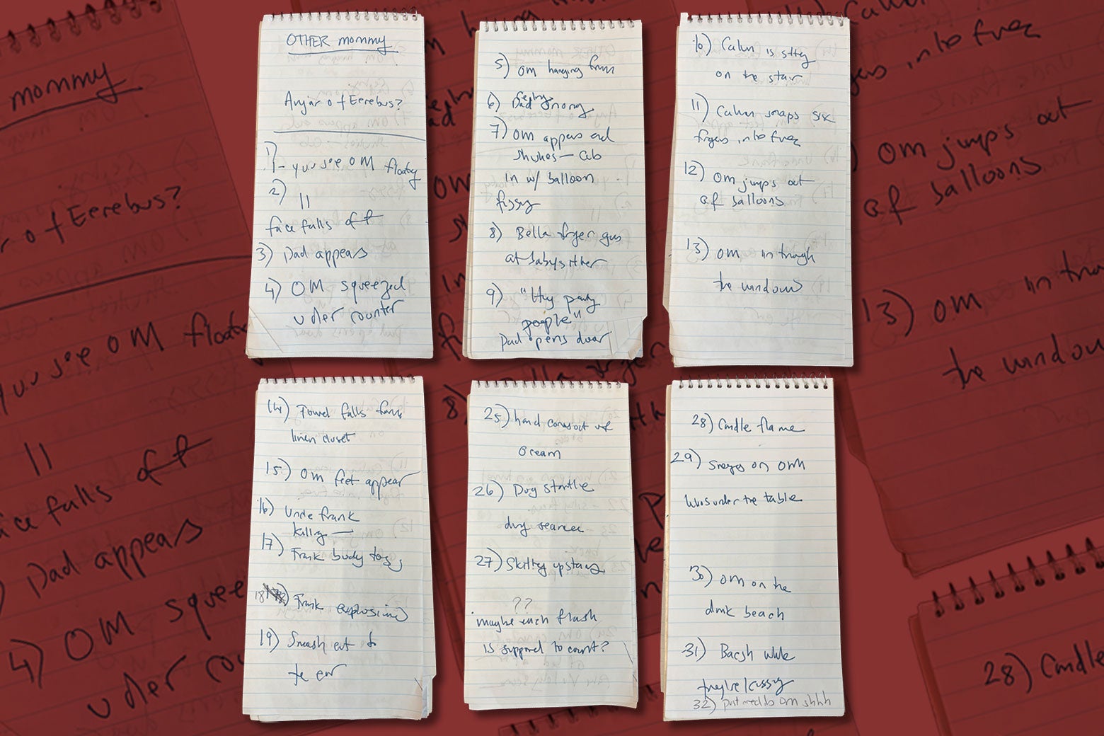 A compilation of six pages from the author's notebook, for example "1: You see OM floaty".