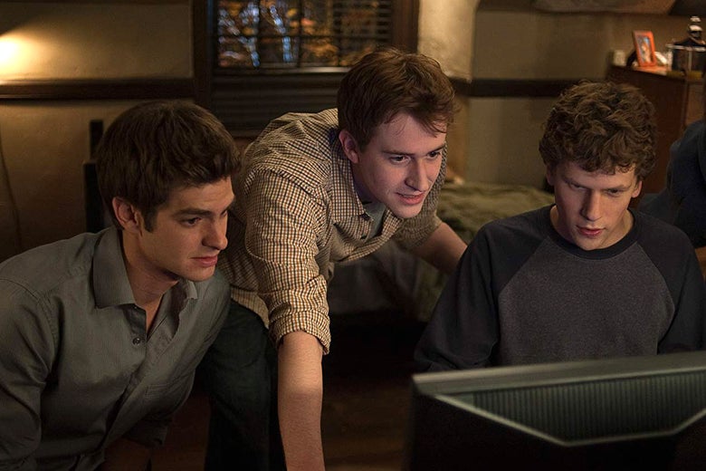 Andrew Garfield, Joseph Mazzello, and Jesse Eisenberg in The Social Network.