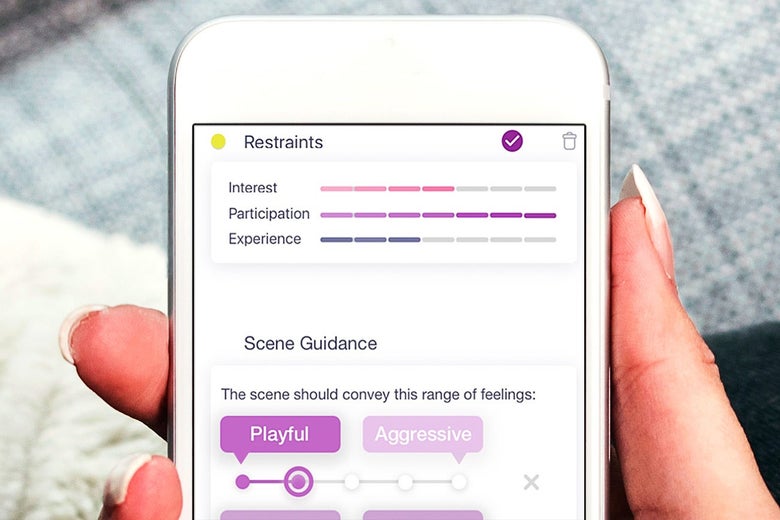 A woman setting up a kink scenario on the NoGrey app.