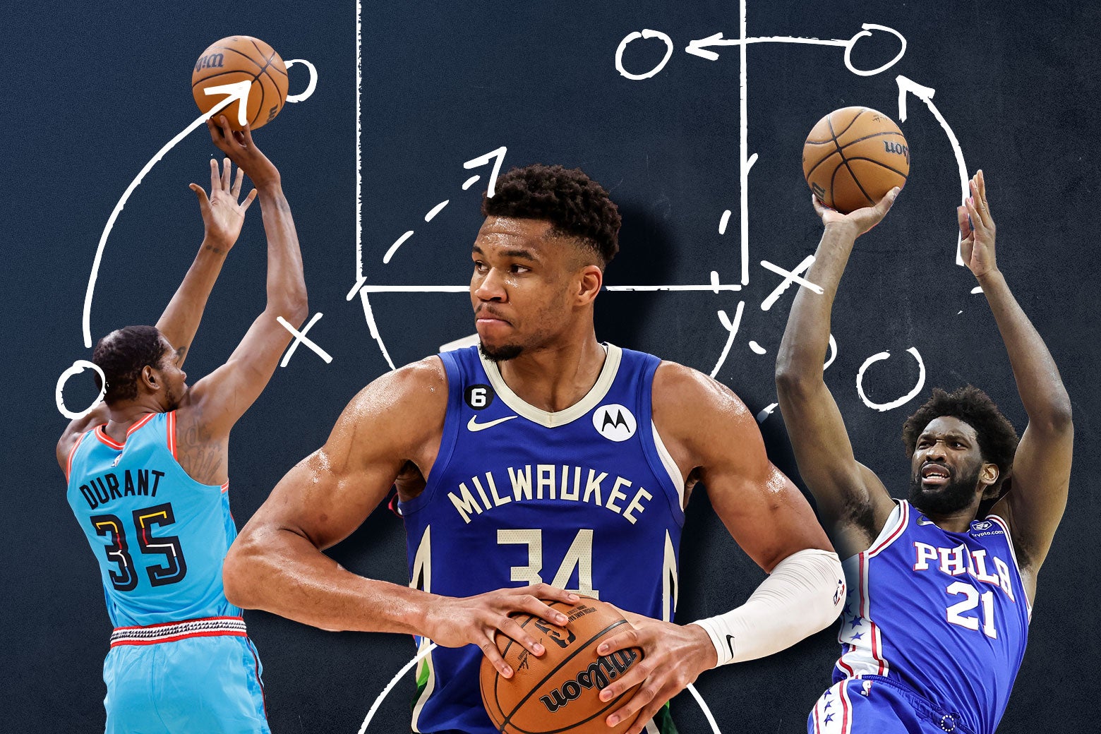 Left to write: Kevin Durant seen from behind shoots, Giannis Antetekounmpo grips a basketball and frowns, and Joel Embiid shoots while grimacing, in a collage over an illustration of Xes and Os and arrows over a basketball key, indicating a play.