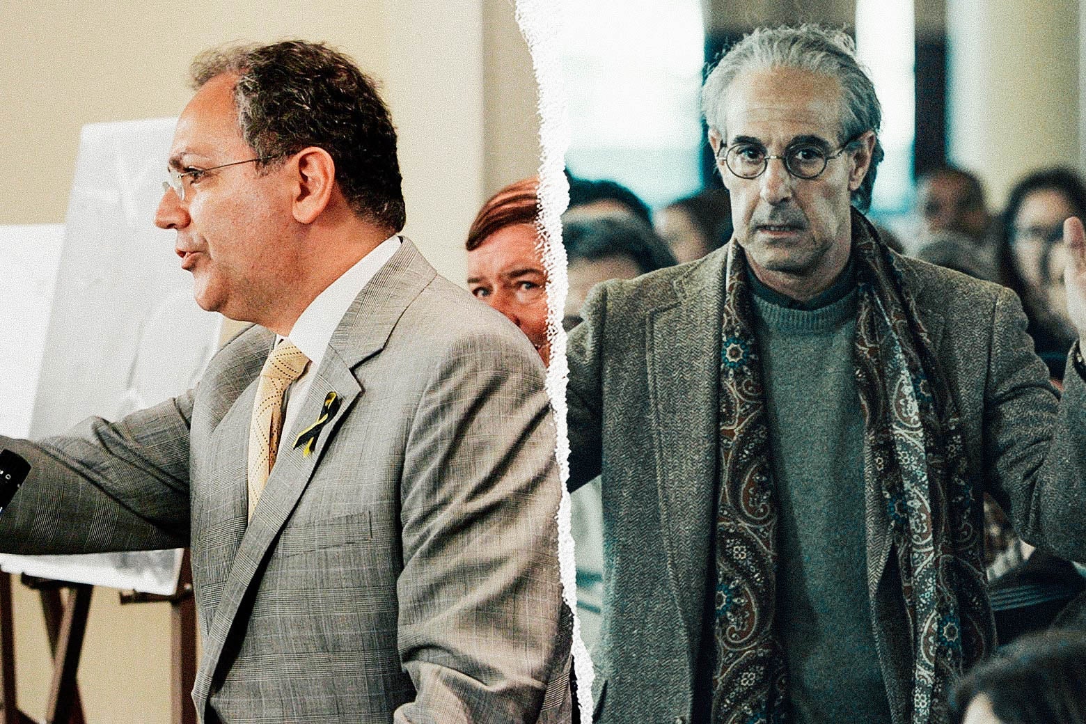Two men in gray blazers and wire-rim glasses.