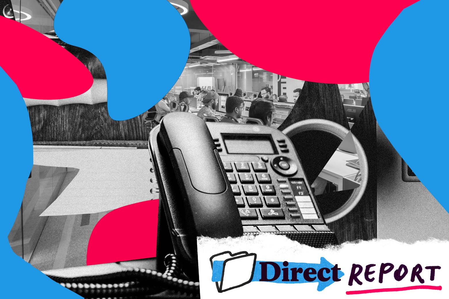 A desk with a work phone and the Direct Report art treatment.