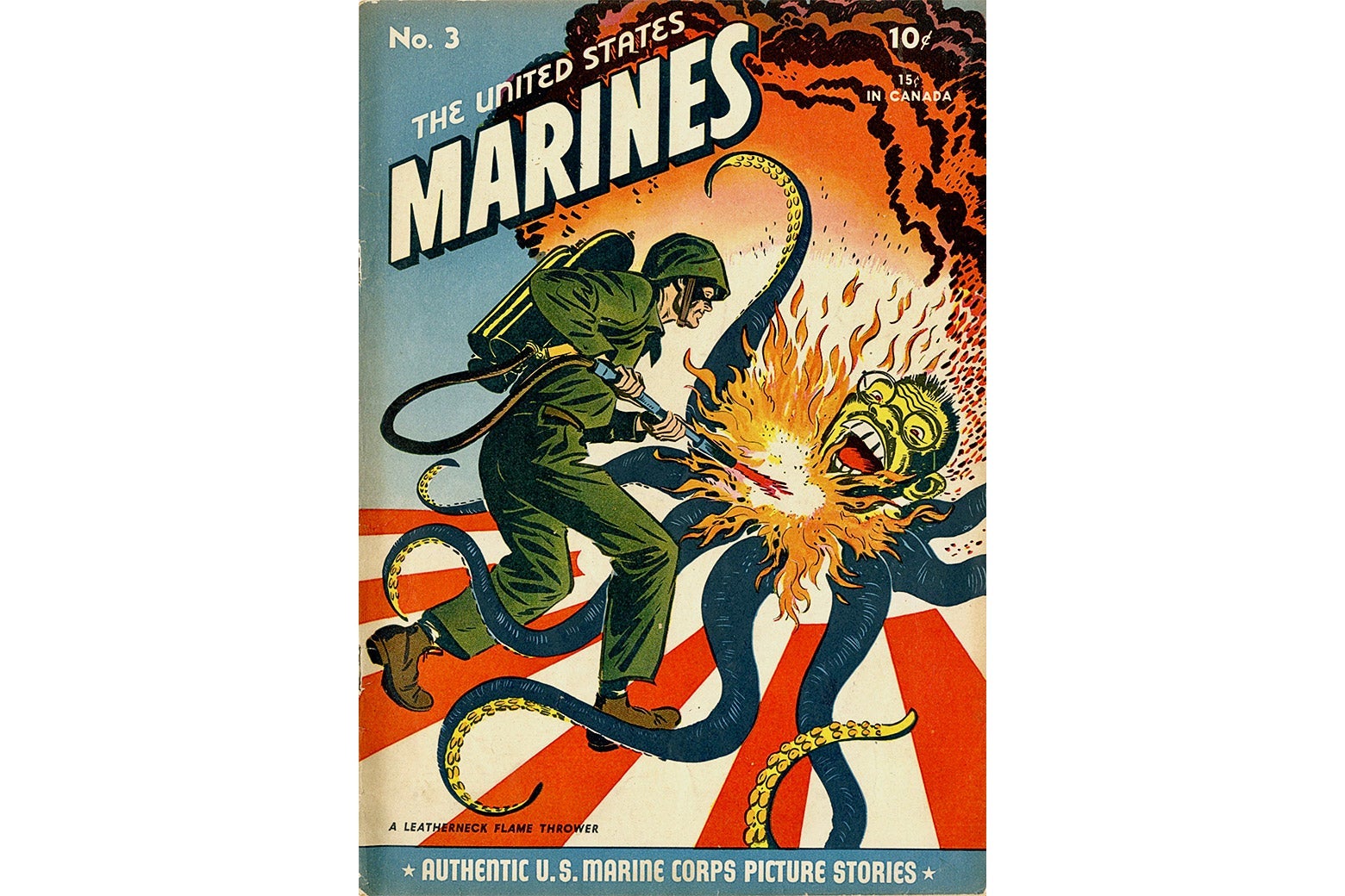 A white man in army fatigues uses a flamethrower on a stereotypical Asian character with octopus tentacles.