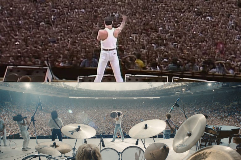 The band performs at Live Aid, in real life and in the movie.