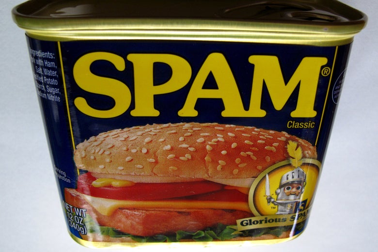 A can of Spam shown in close-up.
