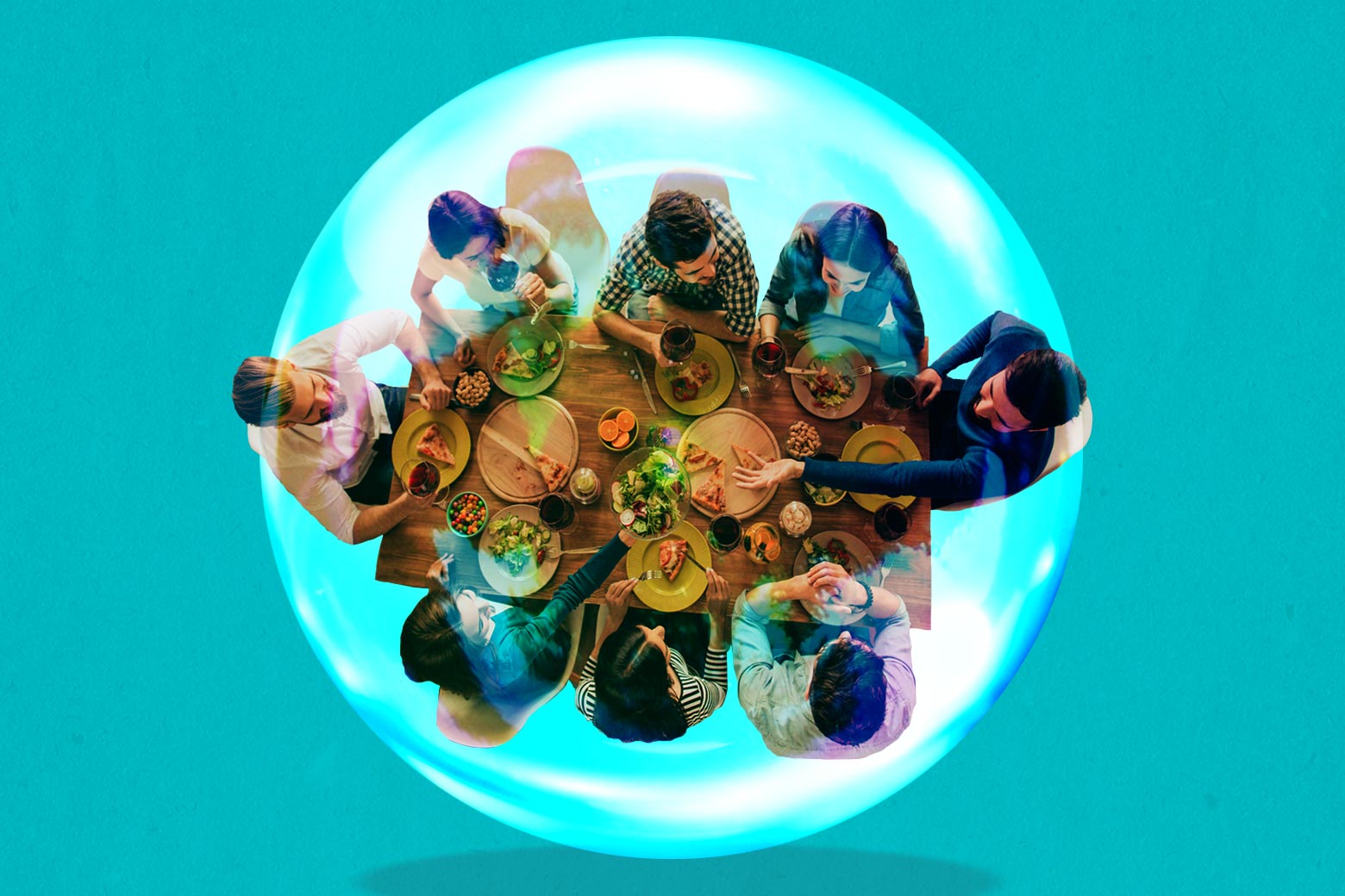 Eight people eating and talking at a dinner table, encased in a bubble.