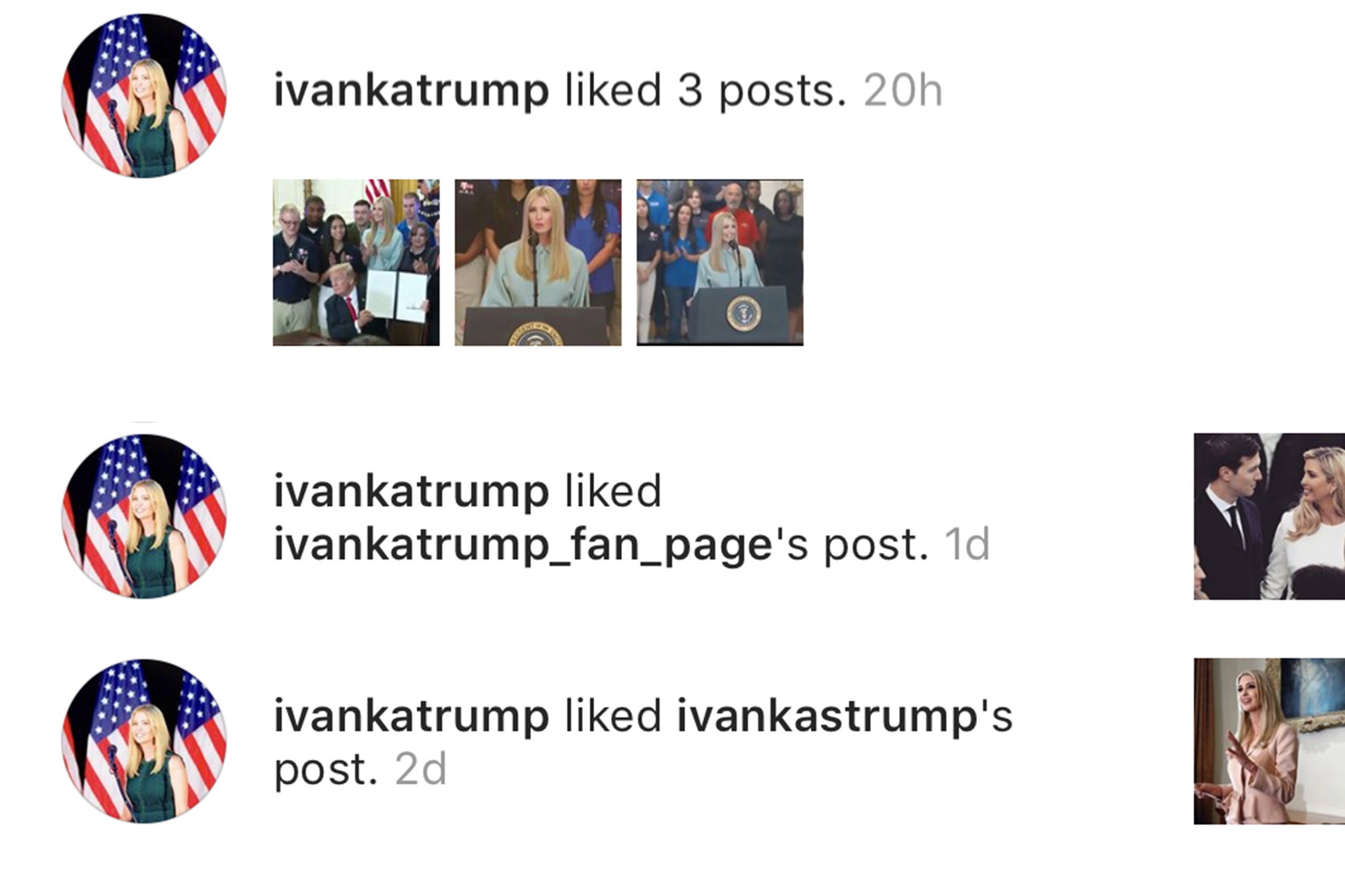 Ivanka liking photos from Ivanka fan accounts