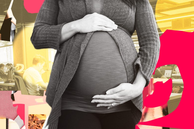 A pregnant woman holding her belly, with an office interior in the background.