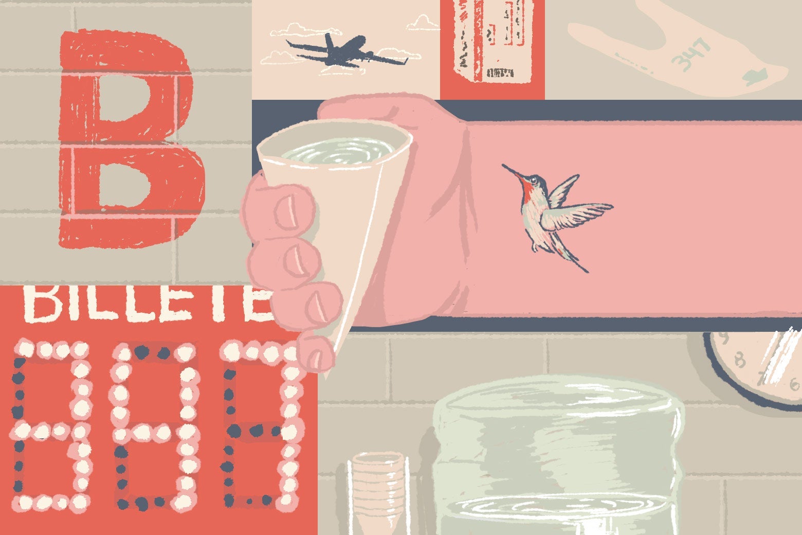 A collagelike illustration depicting: the letter B painted on a brick wall, a flying plane, an info booth and ticket, a hummingbird near a hand holding a watercooler cup, a watercooler near a clock and a stack of cups, and a board showing the number 347.