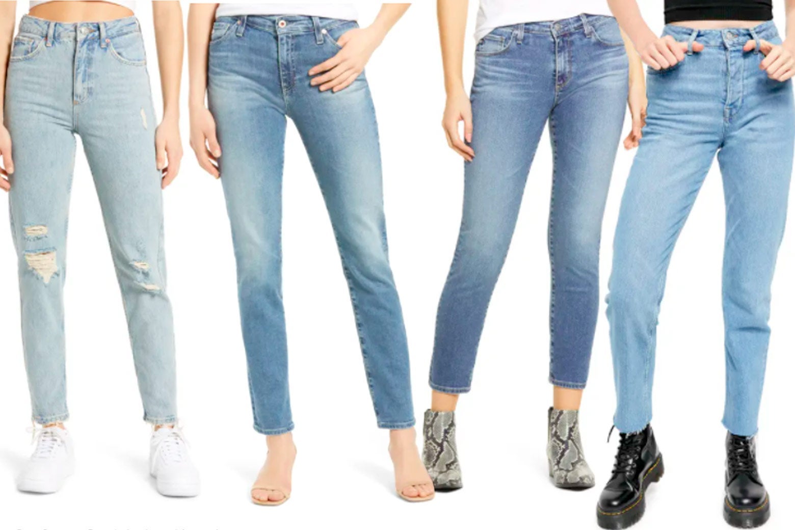 Four different styles of jeans are modeled.