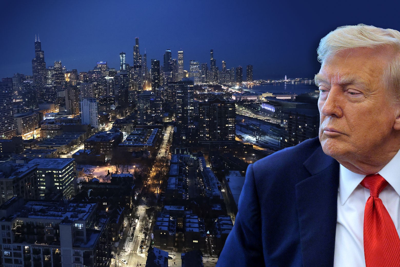 Donald Trump looming over the skyline of Chicago.