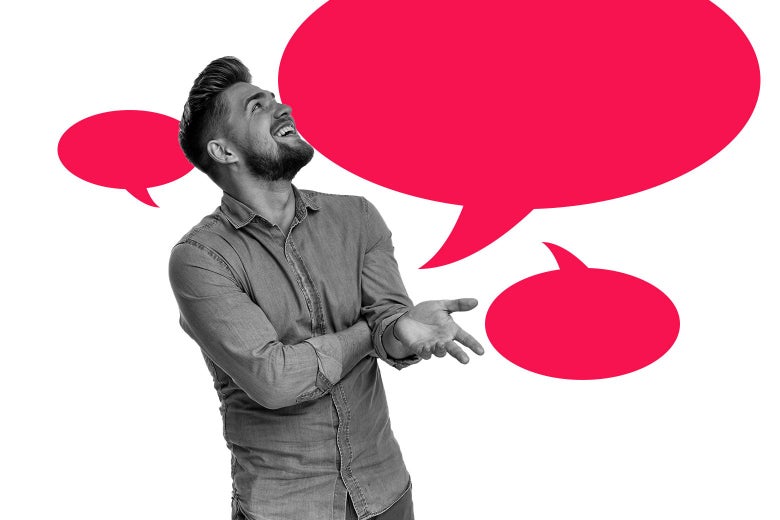 A man looking up and smiling with speech bubbles around him.