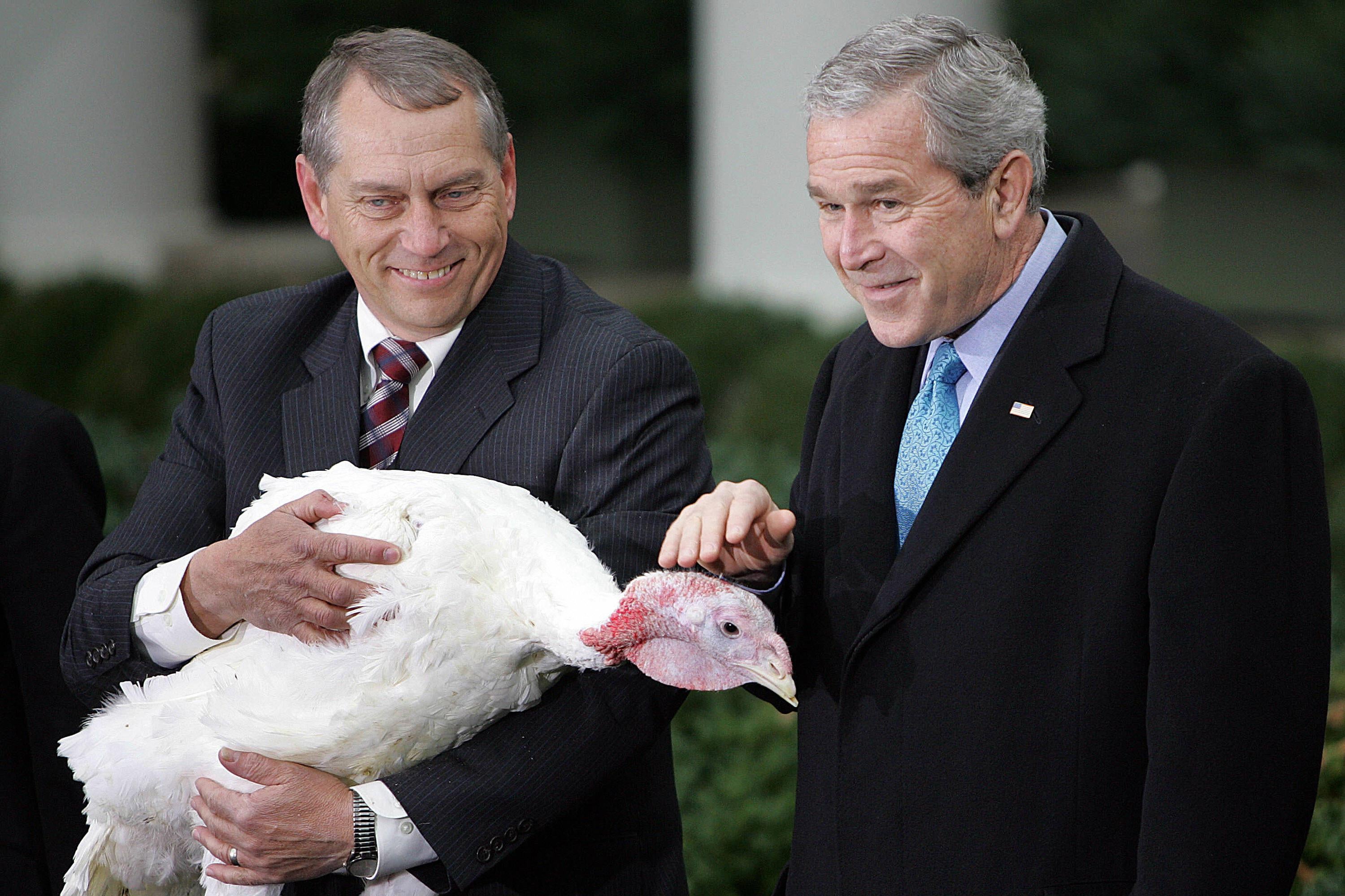 George W. Bush bows his head and gives a sheepish grin as he extends his hand to pet the head of a turkey being held by a man next to him.
