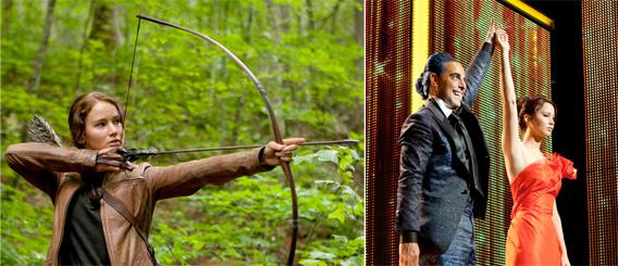 side-by-side images of Katniss Everdeen (Jennifer Lawrence) and Caesar Flickerman (Stanley Tucci) with Everdeen.