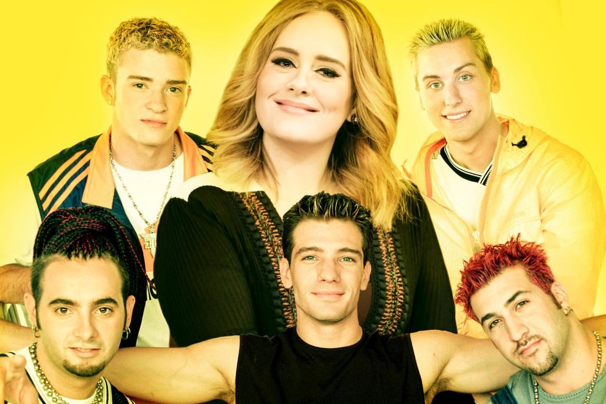The members of ’N Sync with Adele photoshopped in the middle of them