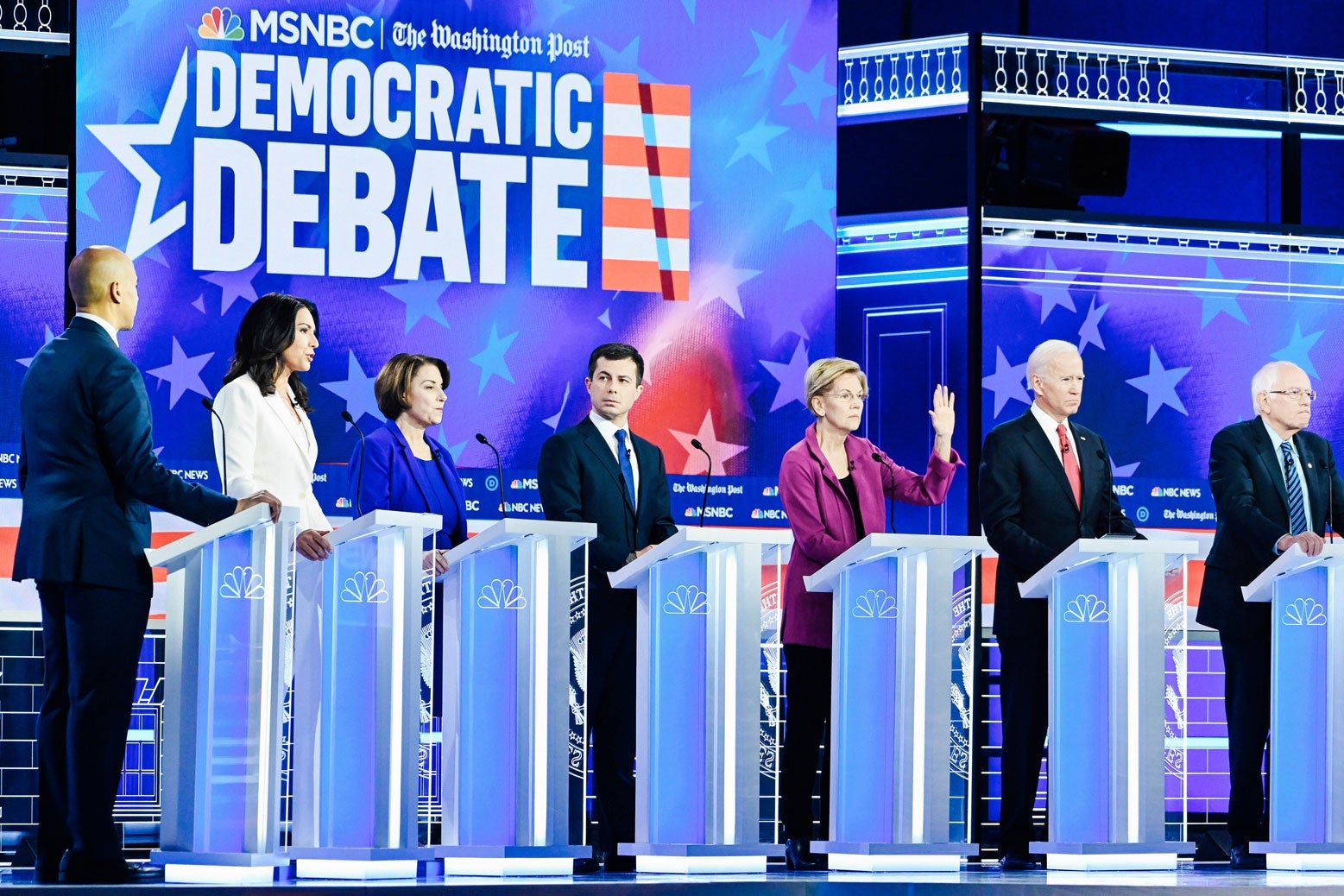 Democratic candidates onstage for the MSNBC–Washington Post Democratic debate