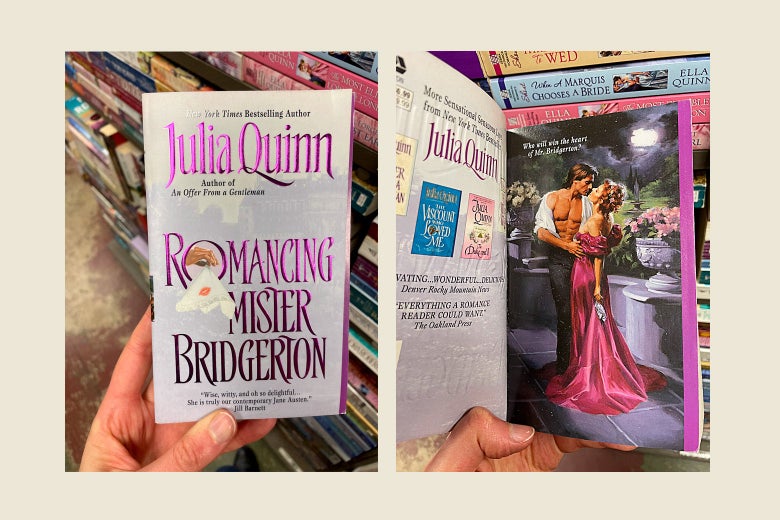 Left: A hand holds a copy of Romancing Mr. Bridgerton.  Right: A hand lifts the cover of the book to reveal a painting of a man with his bare chest revealed clutching a swooning woman.    