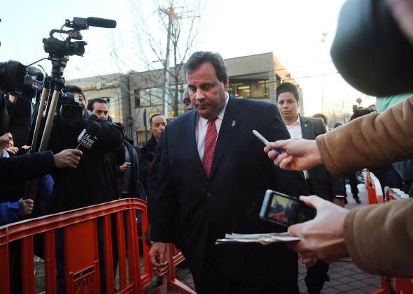 New Jersey Gov. Chris Christie enters the Borough Hall in Fort Lee on Jan. 9, 2014, to apologize to Mayor Mark Sokolich