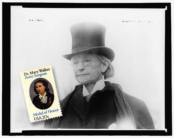 Dr. Mary Edwards Walker photographed in 1911 along with the stamp that commemorates her Civil War service