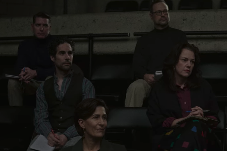 Chad Beguelin, Matthew Sklar, Alex Lacamoire, Georgia Stitt, and Jeanine Tesori sit attentively as audience members.