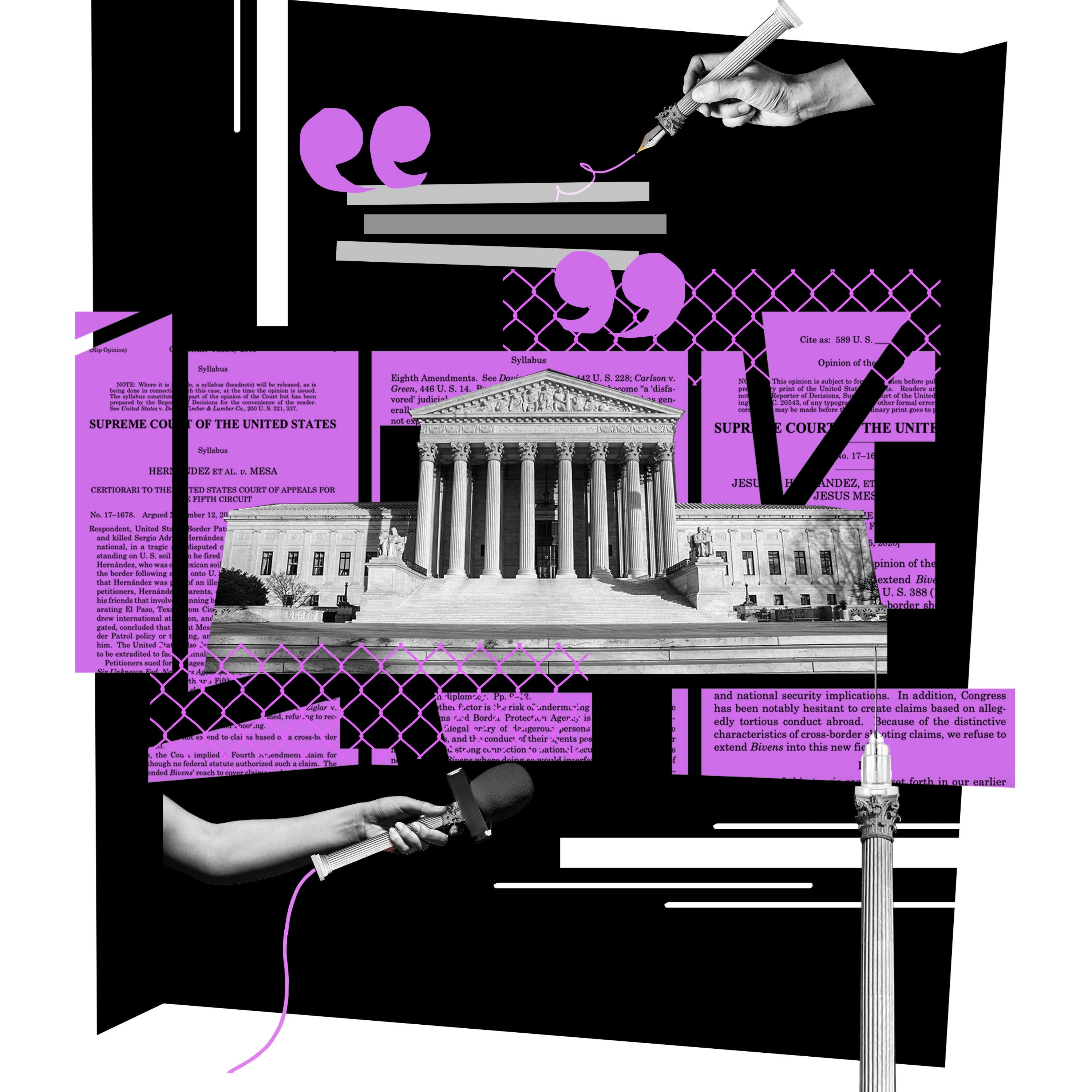A collage of the Supreme Court building, Supreme Court opinions, and hands holding out microphones.
