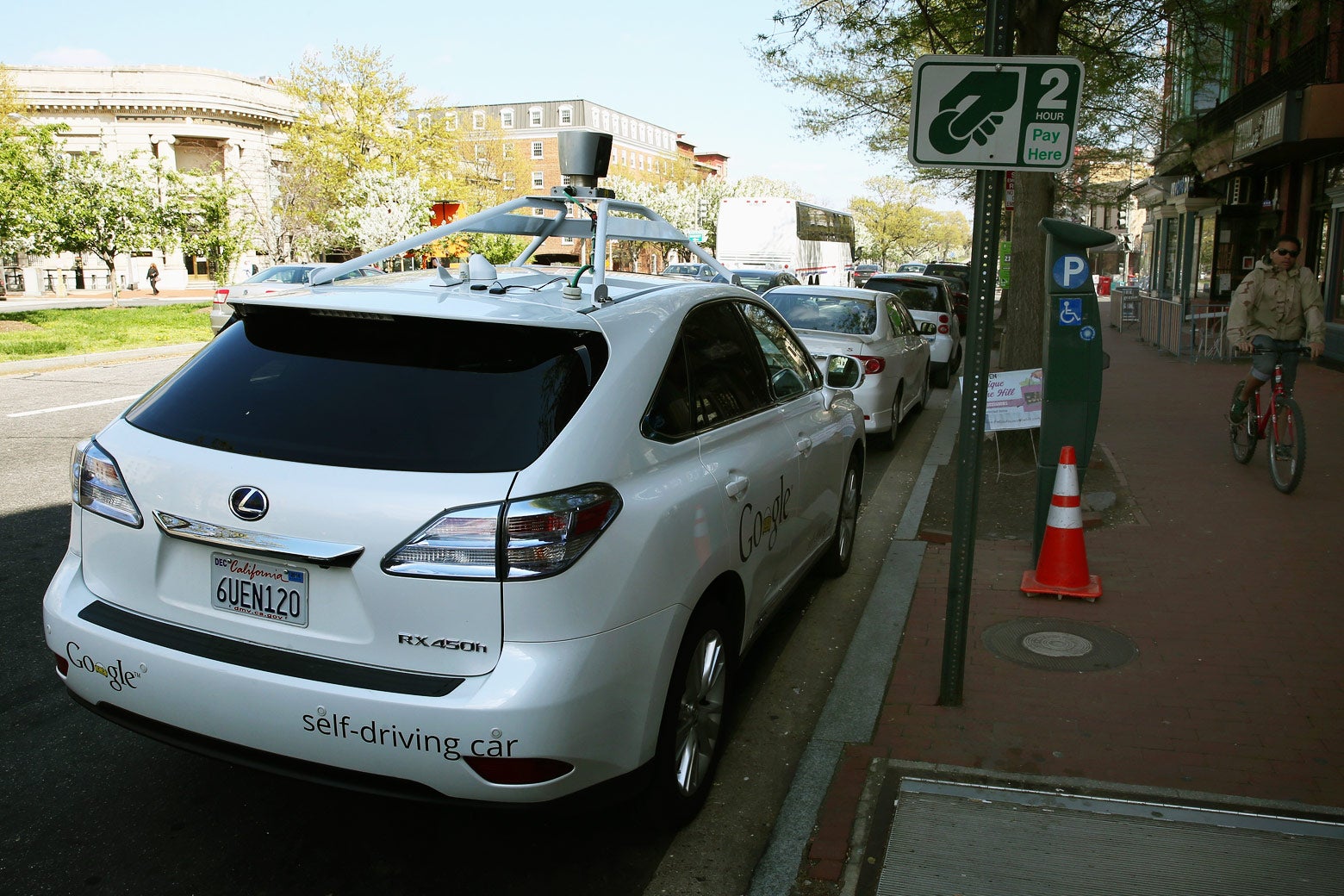 Google’s Lexus RX 450H Self Driving Car is seen parked on Pennsylvania Ave. on April 23, 2014 in Washington, DC. Google has logged over 300,000 miles testing its self driving cars around the country.