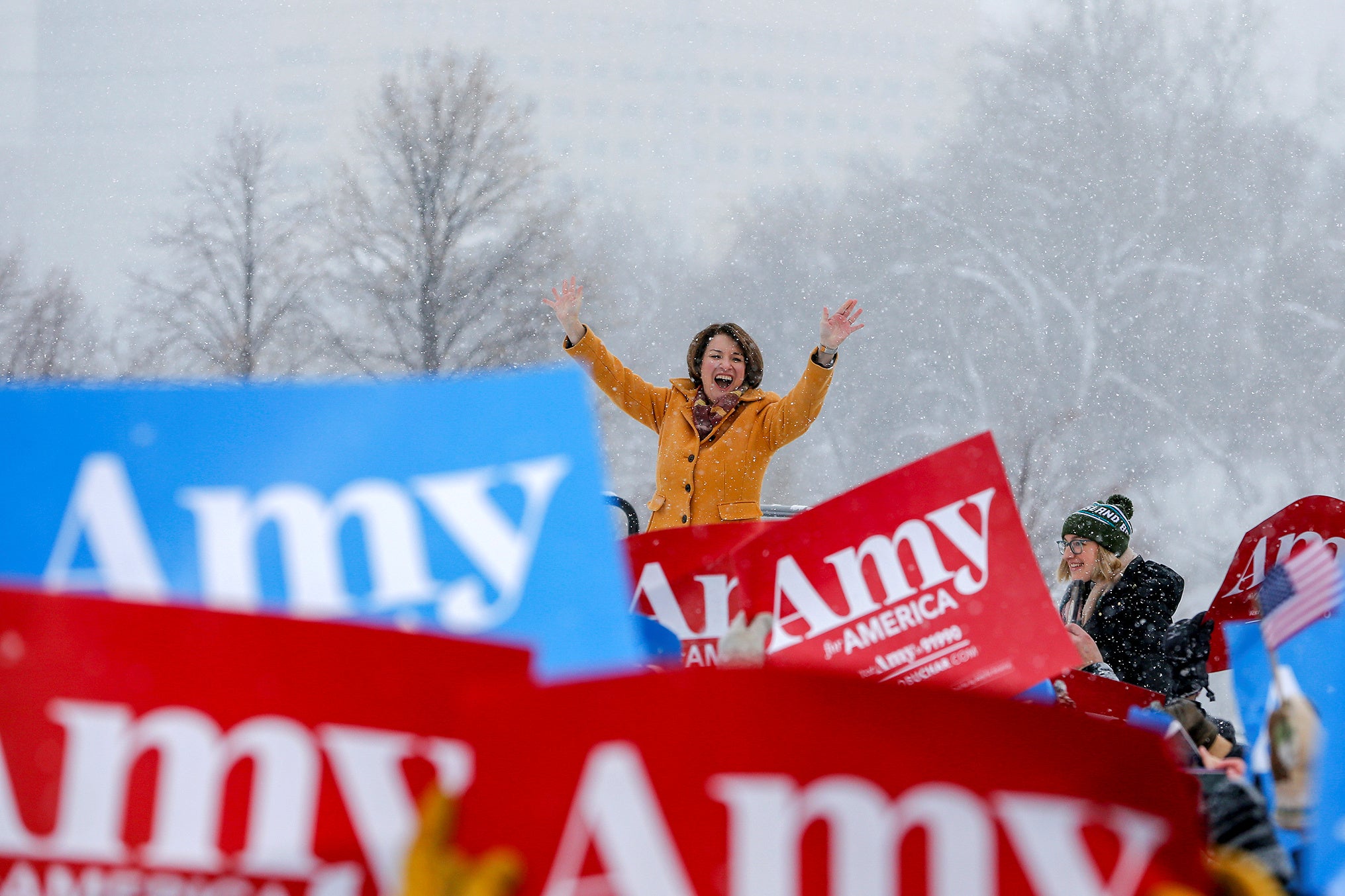 Amy Klobuchar at a snowy campaign rollout