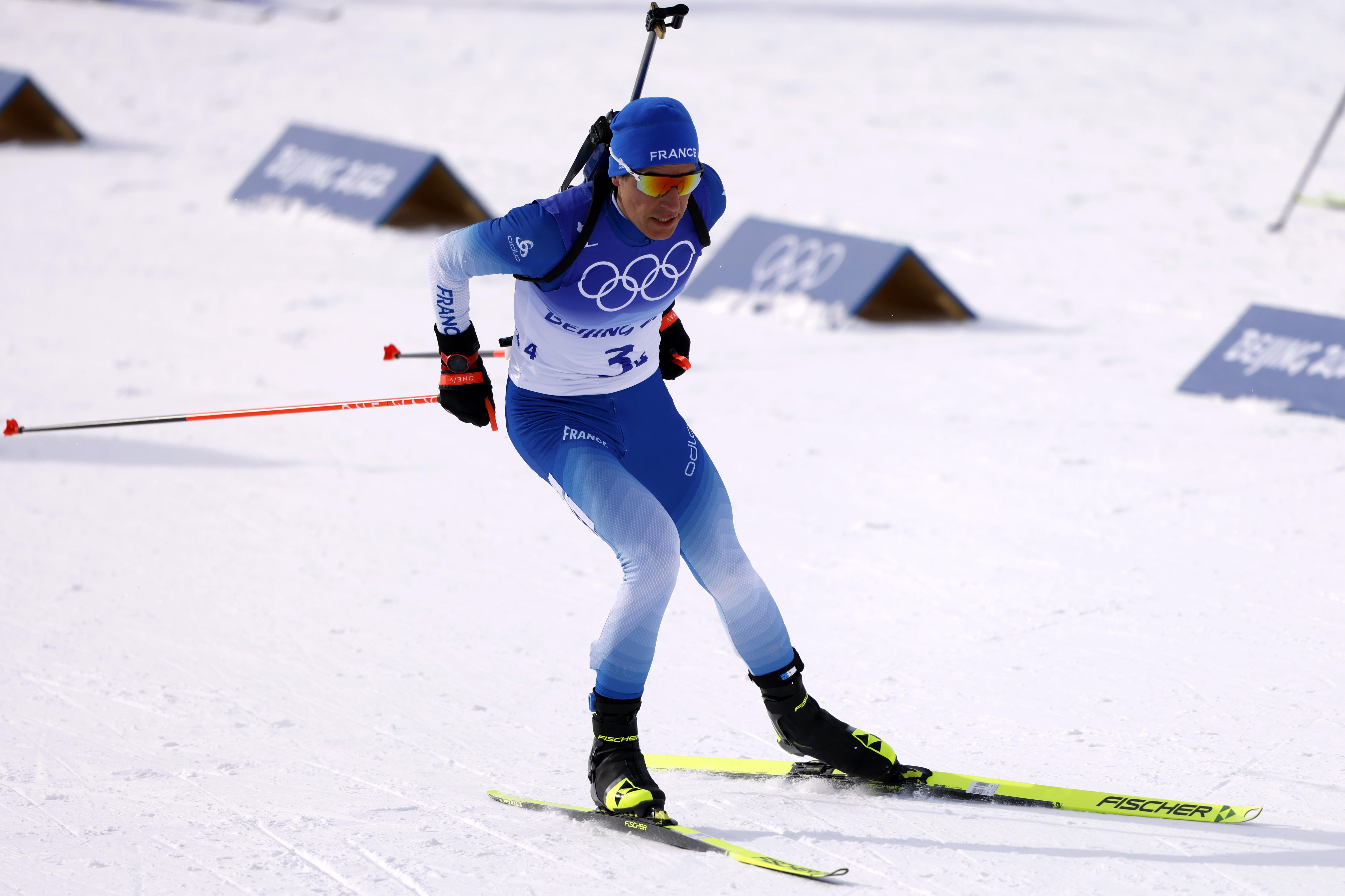 Quentin Fillon Maillet of Team France in action during the men's biathlon relay.