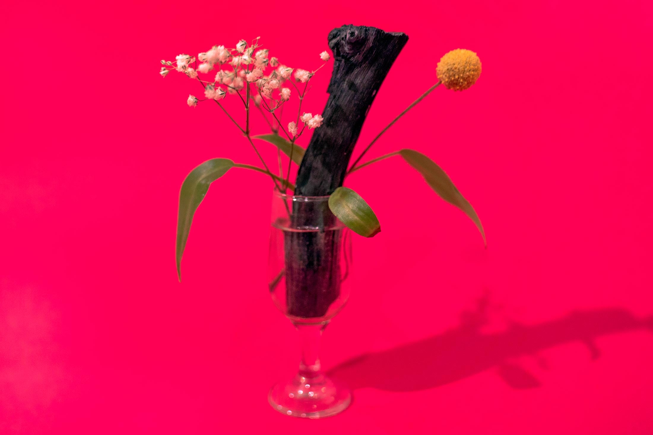 A delicate floral arrangement prominently featuring a charcoal stick.