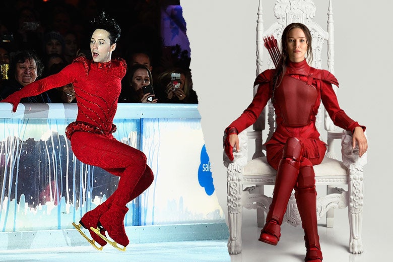 Left: Johnny Weir skates wearing red bodysuit. Right: Jennifer Lawrence as Katniss Everdeen wears red armor while sitting on a white throne against a white background.