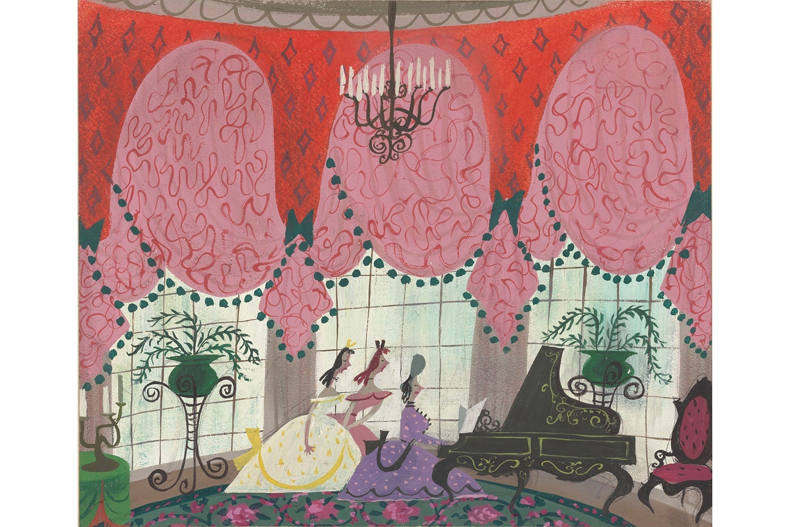 Painting of a drawing room with three women standing near a piano.