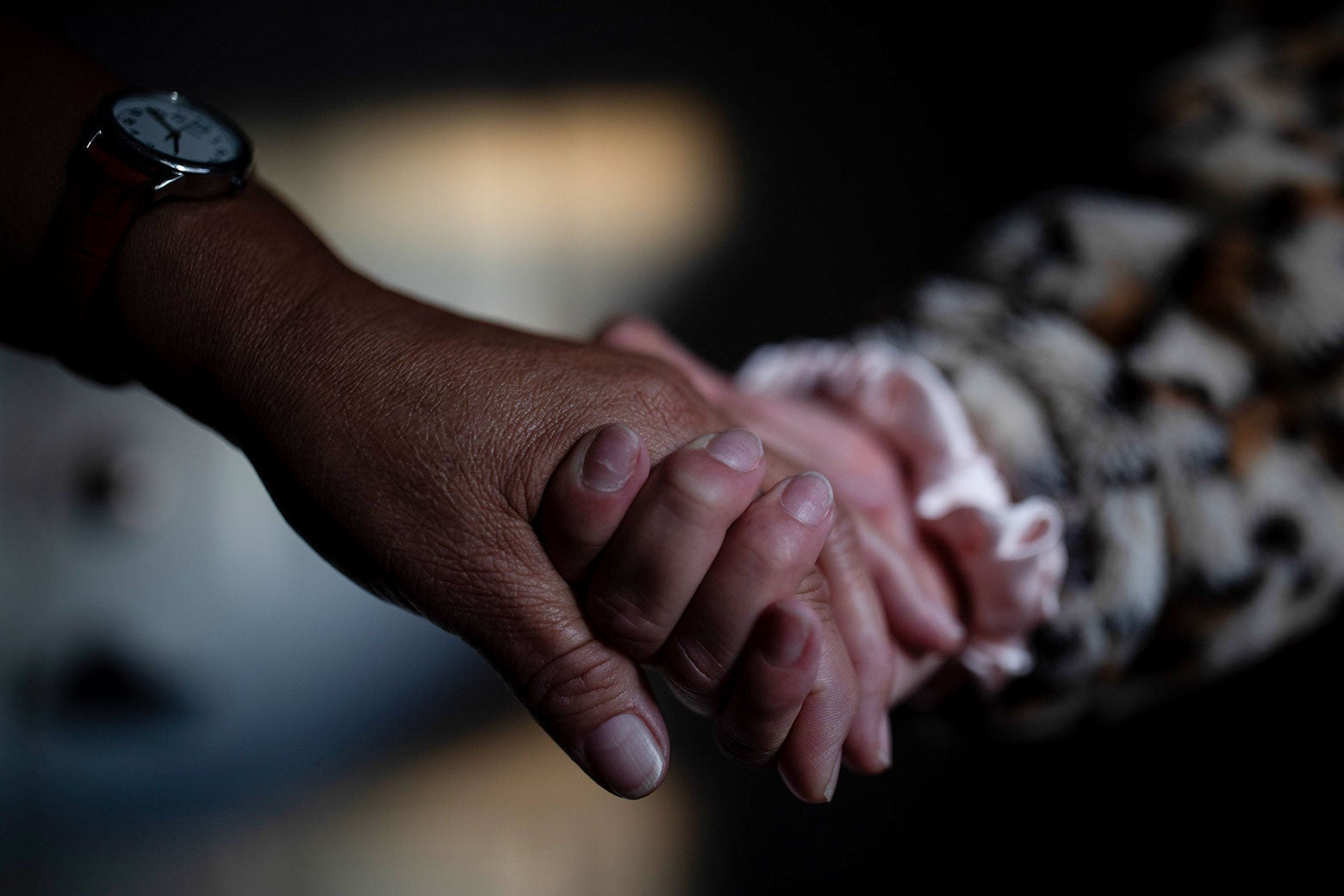 A hand with a wristwatch around the wrist holds a hand with a scrunchy around the wrist.