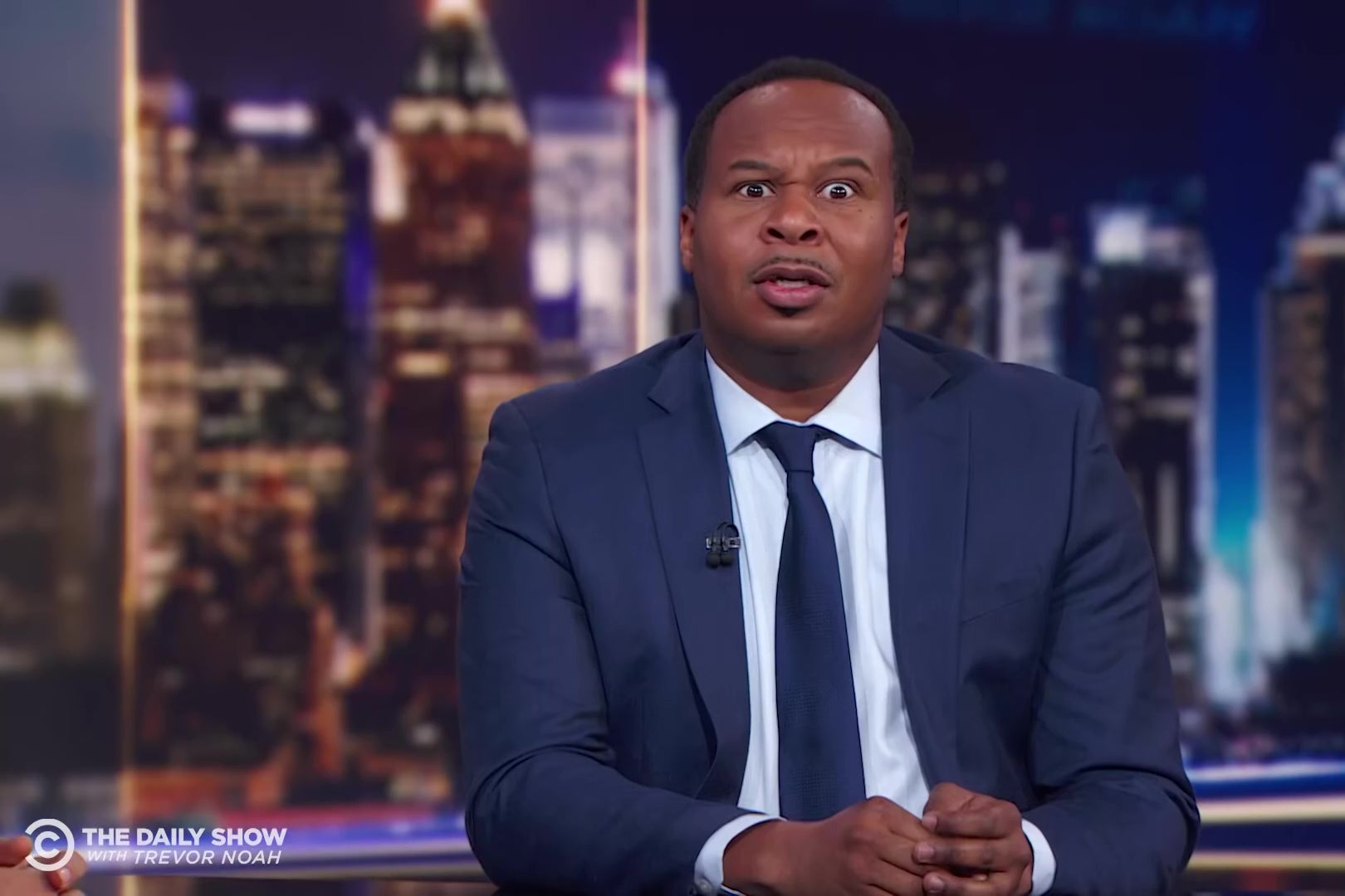 Roy Wood Jr. makes a cartoonish face of disgust.