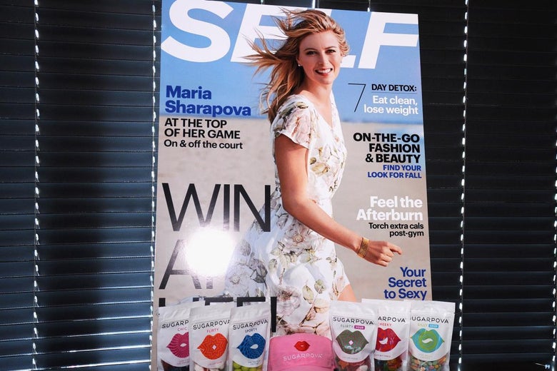 Issue of Self with Maria Sharapova on the cover propped up behind packets of Sugarpova candy