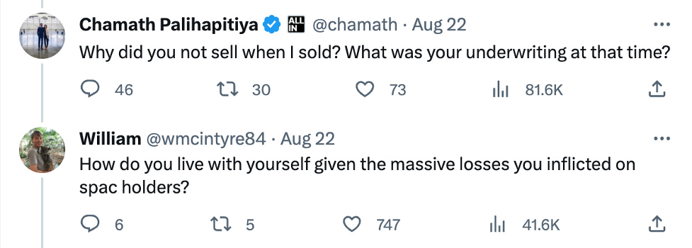A screenshot of a testy exchange between Chamath Palihapitiya and a former fan.