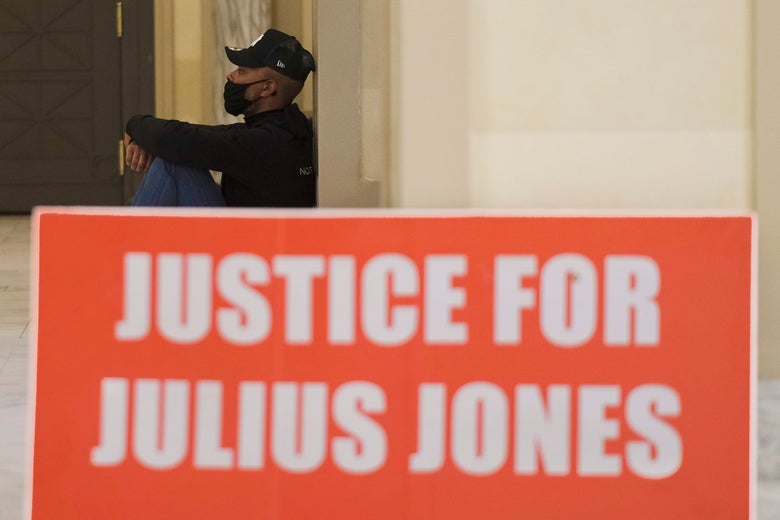 Julius Jones supporters stand vigil outside Gov. Kevin Stitt’s office.