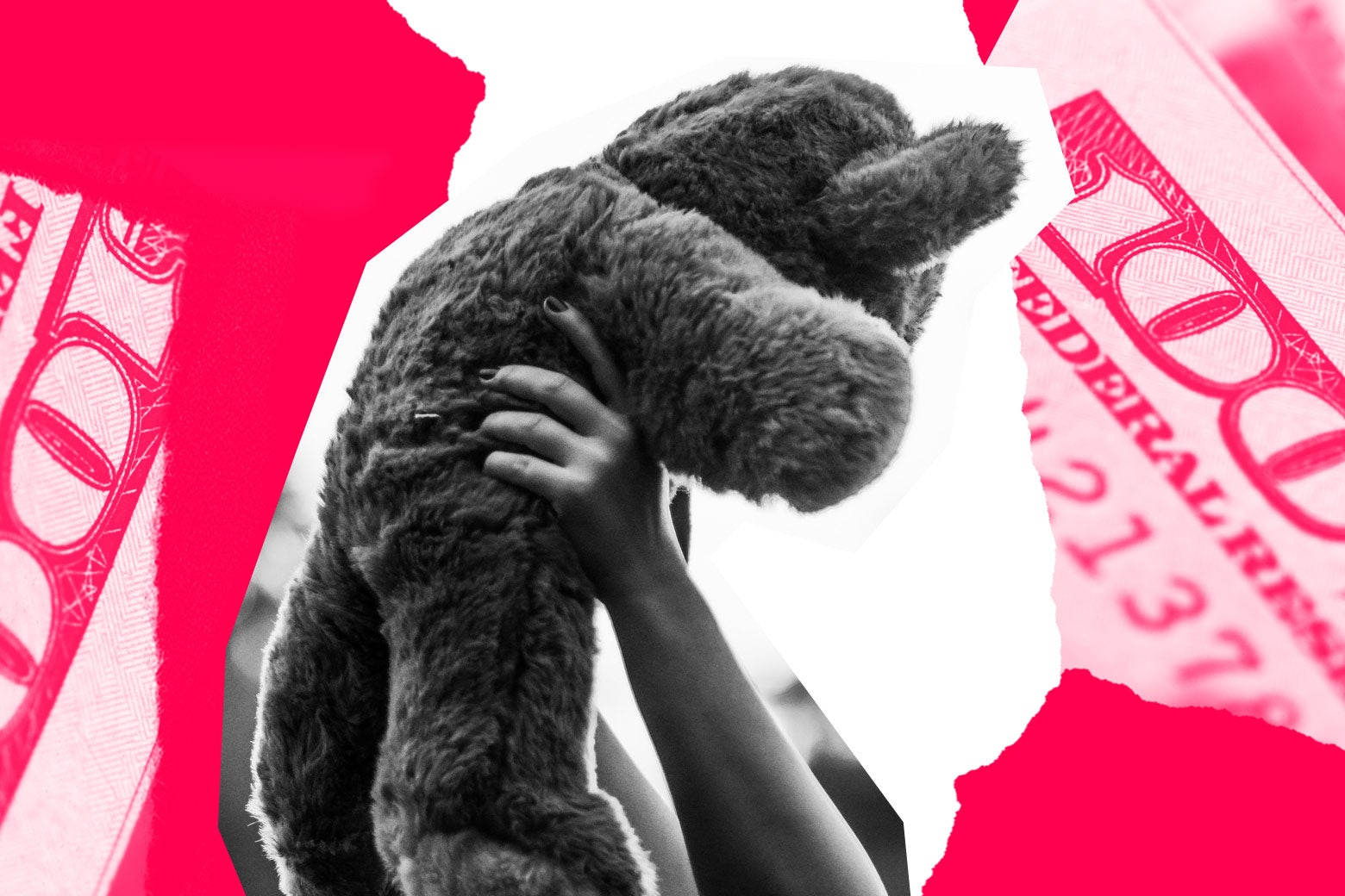 A teddy bear being held up by someone, bordered with collage of money.