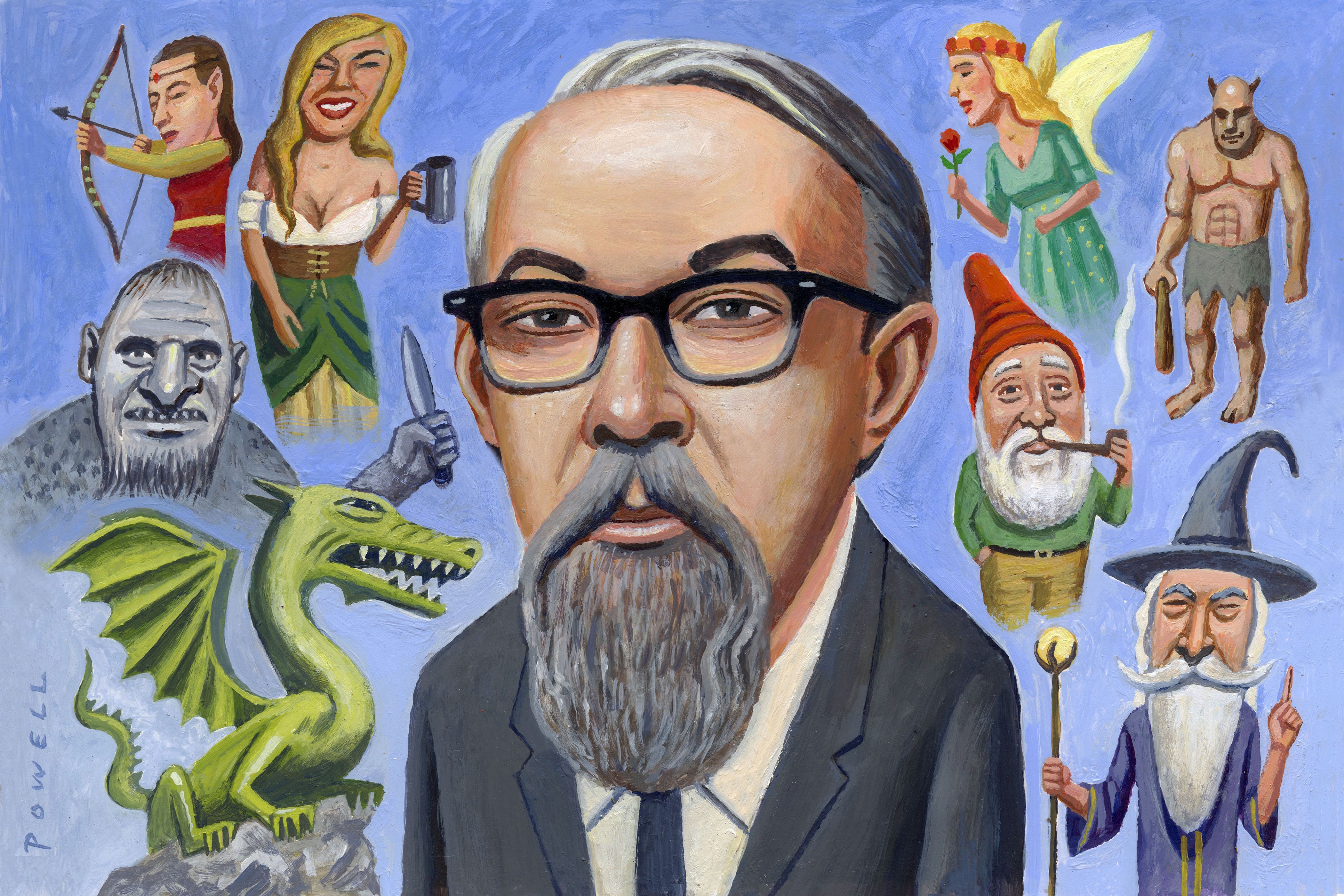 An illustration of Lester del Rey surrounded by dragons, wizards, trolls, and other such fantastical creatures.